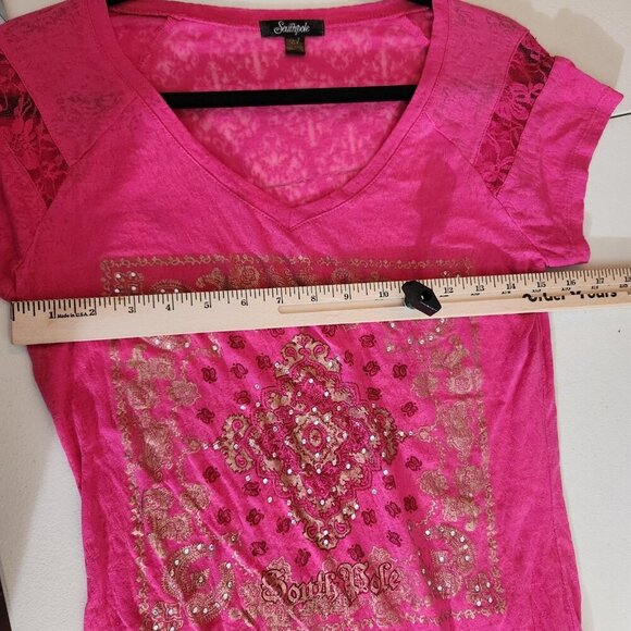 Southpole Shirt Womens XL Pink Lace Sheer Graphic Rhinestone Short Sleeve Top - Picture 16 of 16
